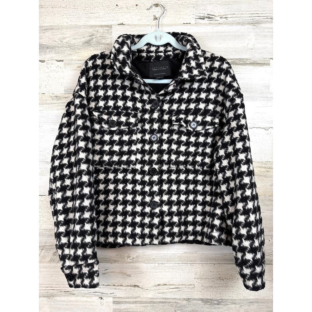 Sanctuary Womens L Black White Teddy Houndstooth Jacket Designer Coat